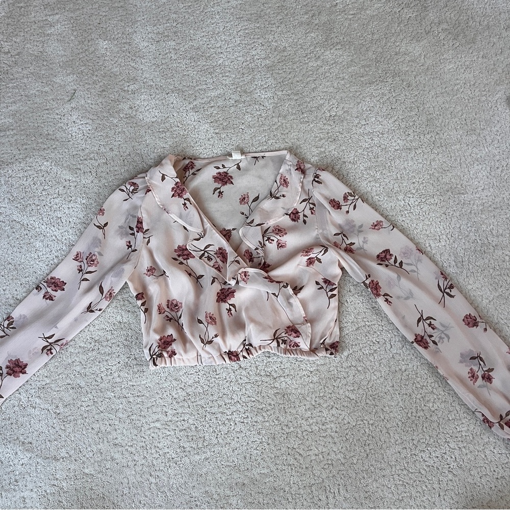 Floral V-Neck Long Sleeve Women's Top - Pink